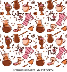 Coffee pot, cezve and different types of coffee. Seamless pattern. Vector
