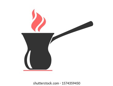Coffee pot cezve with red flame spires isolated outline vector illustration