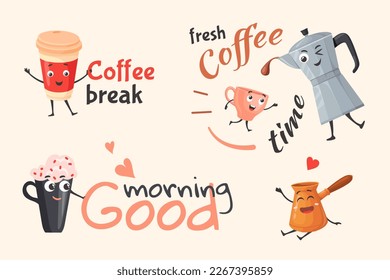 Coffee pot characters. Cartoon moka coffeepot and coffe cup friends lettering stickers, cute cezve character comic face espresso cupping cafe barista concept vector illustration of coffee cup drink