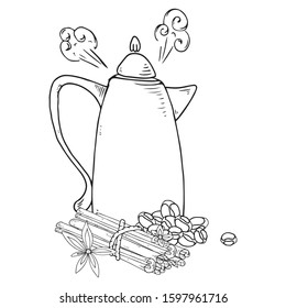 Coffee pot with cinnamon sticks icon. Vector illustration of a piece of cake and cinnamon sticks with a coffee pot.
