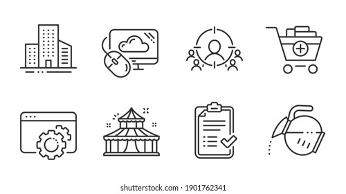 Coffee pot, Cloud computing and Approved checklist line icons set. Buildings, Circus and Add products signs. Seo gear, Business targeting symbols. Quality line icons. Coffee pot badge. Vector