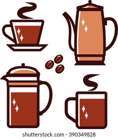 Coffee pot coffeepot, cup, mug, press, beans mid century style vector illustration