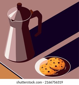 coffee pot and cookies, isometric