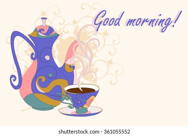 Coffee pot and Cup with abstract print. Elegant teapot and teacup in the style of Doodle. Fully insulated objects.