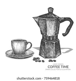 Coffee pot, cup and beans. Coffee break in morning time. Vintage hand drawn black and white drink collection.  Isolated vector elements.