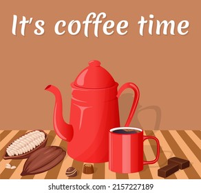 Una cafetera, una taza de café negro y productos de chocolate.Ilustración vectorial aislada en el fondo beige.