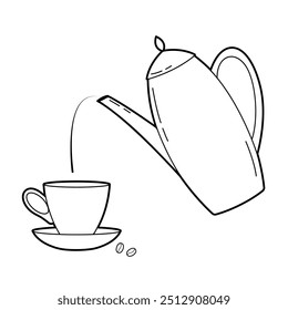 Coffee pot and cup. Breakfast. Simple outline illustration, isolated on white background, design elements 