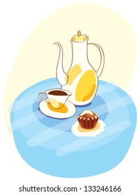 coffee pot, cup and cake on the table with a blue tablecloth