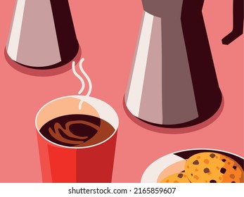 coffee pot and cup with cookies, isometric