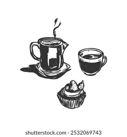 Coffee Pot, Cup, and Dessert - Hand-Drawn Line Art. Black and white line art illustration of a coffee pot, cup, and dessert. Perfect for food and drink-related projects, menus, or lifestyle visuals.