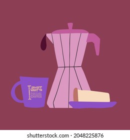 Coffee pot, cup, drop of coffee and cheesecake on a saucer. Bright and bold hand drawn illustration on the theme of coffee and tea break.