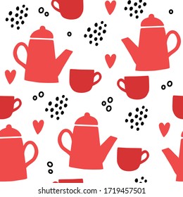 Coffee pot and cup hand drawn pattern background wallpaper. Seamless pattern with cups illustrations on white background. Autumn and winter mood. Cafe decorations isolated on white background