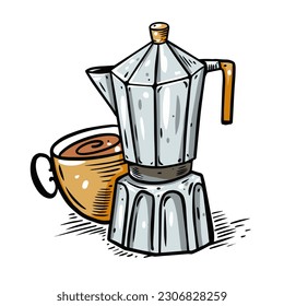 Coffee pot y taza ilustraciones de arte vectorial coloridas dibujadas a mano