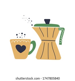 Coffee pot and cup with heart, time to drink coffee. Drawn flat vector illustration.