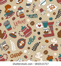 Coffee pot and coffee cup. Hot drink mug. Coffee machine. Sweet pastries: cupcake, donuts, muffin, croissant, macaroon. Lettering set. Seamless vector pattern (background). 
