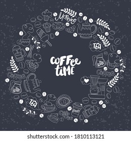 Coffee pot and coffee cup. Hot drink mug. Coffee machine. Sweet pastries: cupcake, donuts, muffin, croissant, macaroon. Lettering set. Circle frame - wreath. Isolated vector object.