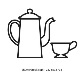 Coffee pot with cup, icon. Old-fashioned pot with a little mug of coffee. Brewing coffee concept. Linear illustration, line icon, editable stroke.