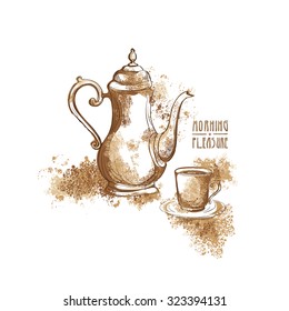 Coffee pot, cup of coffee and inscription Morning Pleasure on a white background. Vector