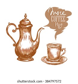 Coffee pot, cup of coffee and inscription Morning Pleasure on a white background. Vector