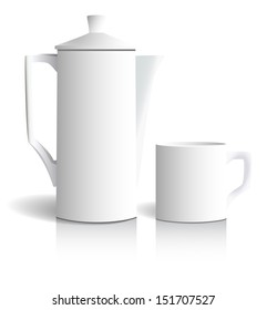 Coffee pot and cup isolated on white