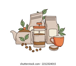 Coffee pot, cup and kraft paper bags with coffee beans isolated on white background. Doodle style.