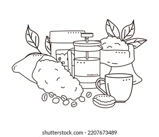 Bolsa de café, taza, macarrón y bolsas de papel de kraft con granos de café aislados en fondo blanco. Estilo Doodle.