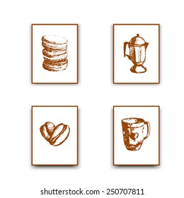Coffee. ?offee pot, cup, macaroons, coffee beans. Sketch poster.
