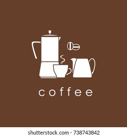 Coffee pot, cup, milk pitcher, beans. Vector Icons.