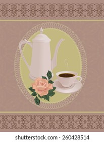 Coffee pot and Cup on a vintage vector background.