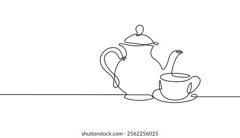 Coffee Pot and Coffee Cup One Line Vector Illustration. Line Art Coffee or Tea Concept for Kitchen Decor. Trendy Linear Sketches of Outline Monochrome Isolated Art on White Background. Not AI