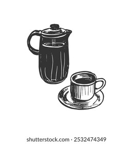 Coffee Pot and Cup with Saucer - Hand-Drawn Line Art. Minimalist black and white line art of a coffee pot and cup with a saucer. Ideal for use in coffee-related projects, menus, or lifestyle visuals.