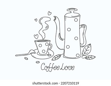 Coffee pot, cup and spoon, doodle drawings. Hot drink, coffee. Mint leaf. Vector illustration.