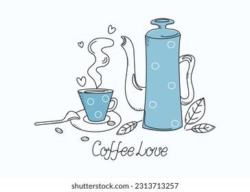 Coffee pot, cup and spoon, doodle drawings. Hot drink, coffee. Mint leaf. Vector illustration.