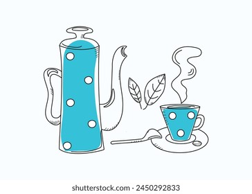 Coffee pot, cup and spoon, doodle drawings. Hot drink, coffee, tea. Teapot, mug. Mint leaves. Vector illustration.