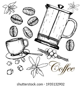 Coffee pot, cup for coffee. Stock black and white illustration. Hand drawing.Sketch. Isolated over white background. For the design of cafes and restaurants, postcards and banners. Menus and packaging