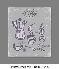 Coffee pot, a cup of coffee, a sugar bowl, a cake, coffee beans, a croissant, a teaspoon, spices. Composition of sketches of various subjects. Vector illustration