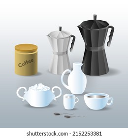 Coffee pot, cup, sugar and container with coffee.  Set. Vector illustration.