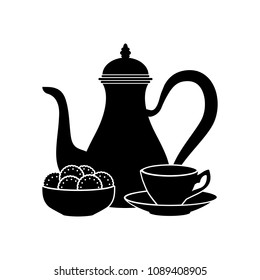 Coffee pot with cup and sweets vector icon on a flat design style. Illustration isolated on white background. Image suitable as a logotype for cafe, menu, coffee house, restaurant