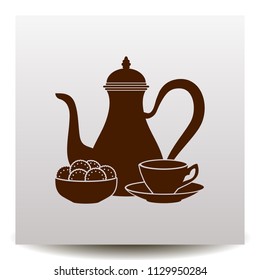 Coffee pot with cup and sweets vector icon on a flat design style. Illustration isolated on white background. Image suitable as a logotype for cafe, menu, coffee house, restaurant