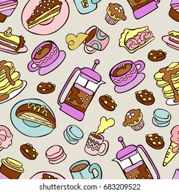 Coffee pot and coffee cup. Tea. Baking and sweets. Seamless vector pattern (background).