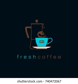 Coffee pot and a cup. Vector linear icons.