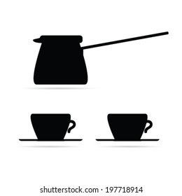 coffee pot and coffee cups black vector illustration