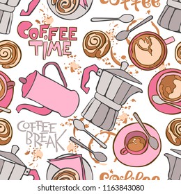 Coffee. Coffee pot and cups. Buns. Seamless vector pattern (background).