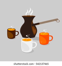 Coffee pot and coffee cups with hot coffee