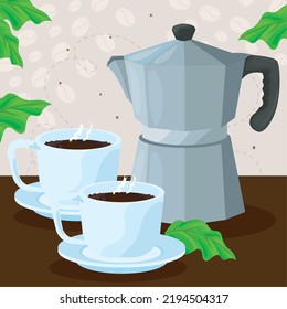 coffee pot and cups with leaves