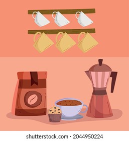 coffee pot and cups with package