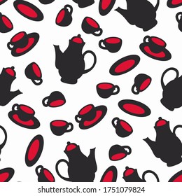 Coffee pot, cups and saucers on white vector seamless pattern for decoration, wrapping paper and textile.