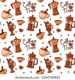 Coffee pot  and different types of coffee. Seamless pattern. Vector
