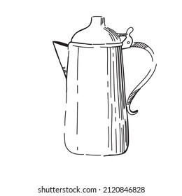 Coffee pot in doodle style vector. Coffee pot in black and white line for menu design.
