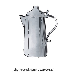 Coffee pot in doodle style vector. Coffee pot in black and white line for menu design.
